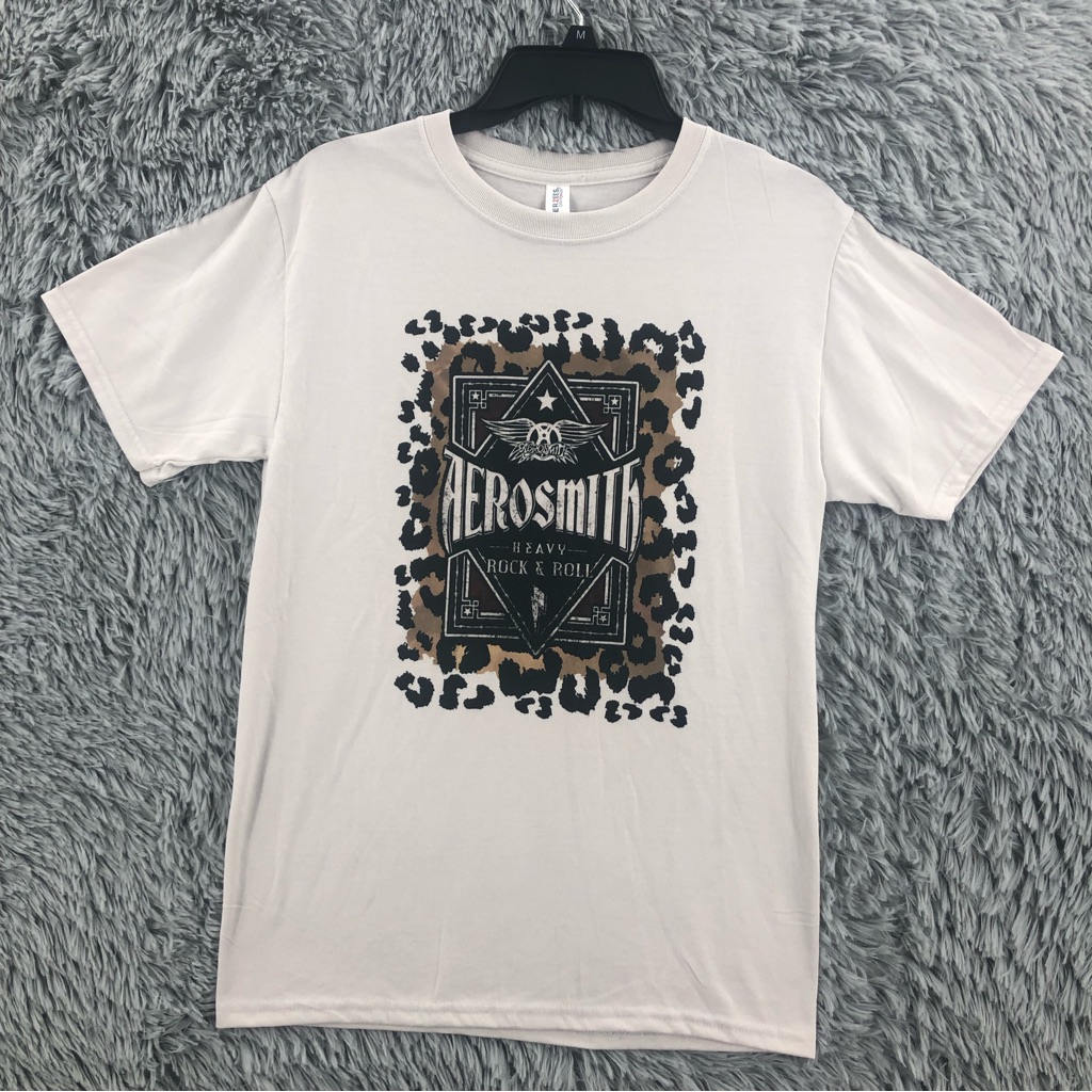 Jerzees Aerosmith Tshirt Womens Small White Rock N Roll Cheetah Spellout